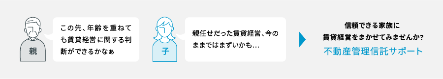 親 この先、年齢を重ねても賃貸経営に関する判断ができるかなぁ 子 親任せだった賃貸経営、今のままではまずいかも… 信頼できる家族に 賃貸経営をまかせてみませんか? 不動産管理信託サポート