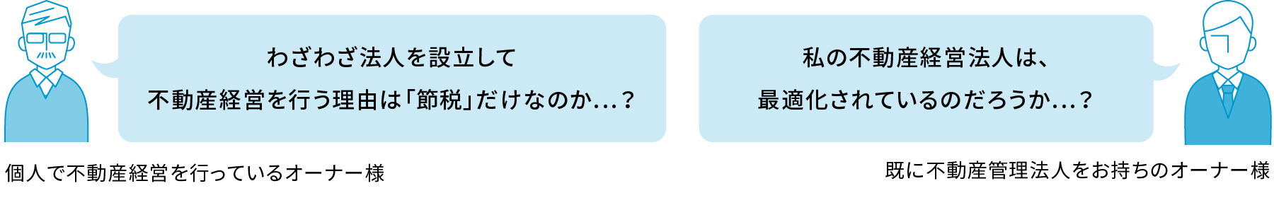 わざわざ法人を設立して不動産経営を行う理由は「節税」だけなのか…？個人で不動産経営を行っているオーナー様 私の不動産経営法人は、最適化されているのだろうか…？既に不動産管理法人をお持ちのオーナー様