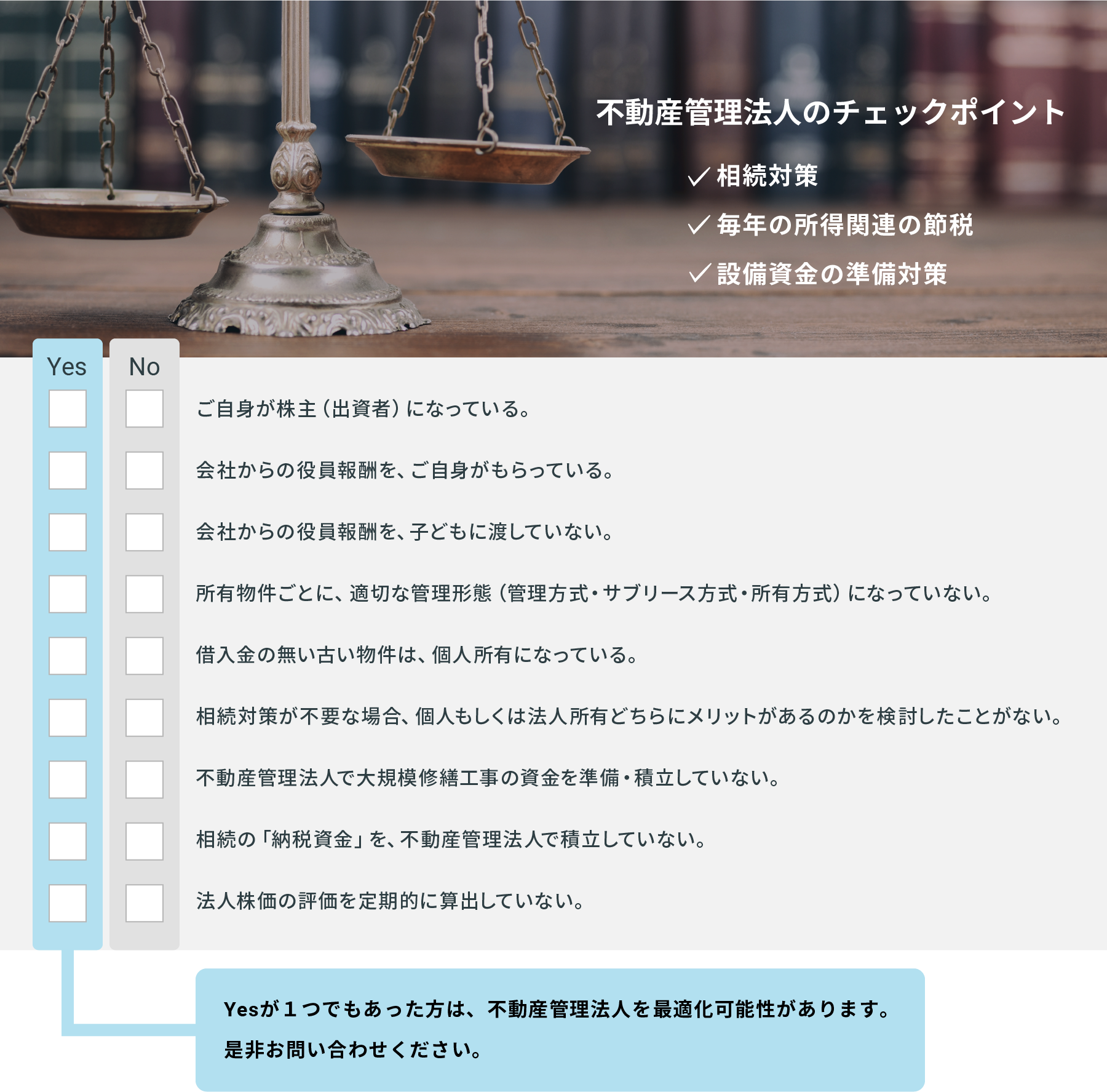 不動産管理法人のチェックポイント 相続対策 毎年の所得関連の節税 設備資金の準備対策 Yes No ご自身が株主（出資者）になっている。 会社からの役員報酬を、ご自身がもらっている。 会社からの役員報酬を、子どもに渡していない。 所有物件ごとに、適切な管理形態（管理方式・サブリース方式・所有方式）になっていない。 借入金の無い古い物件は、個人所有になっている。 相続対策が不要な場合、個人もしくは法人所有どちらにメリットがあるのかを検討したことがない。 不動産管理法人で大規模修繕工事の資金を準備・積立していない。 相続の「納税資金」を、不動産管理法人で積立していない。 法人株価の評価を定期的に算出していない。Yesが１つでもあった方は、不動産管理法人を最適化可能性があります。是非お問い合わせください。