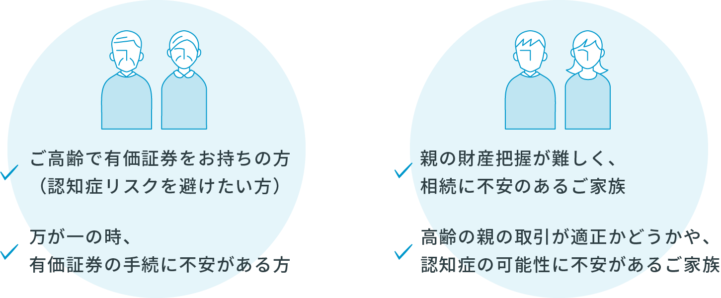 75歳以上で有価証券をお持ちの⽅ 万が⼀の時、有価証券の⼿続に不安がある⽅ 親が複数の証券会社と取引があり、財産把握が難しく相続に不安のあるご家族 ⾼齢の親の取引が適正かどうかや、認知症の可能性に不安があるご家族