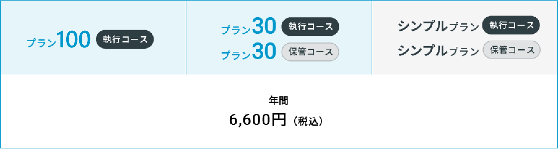 プラン100 執行コース プラン30 執行コース プラン30 保管コース シンプルプラン 執行コース シンプルプラン 保管コース 年間 6,600円(税込)