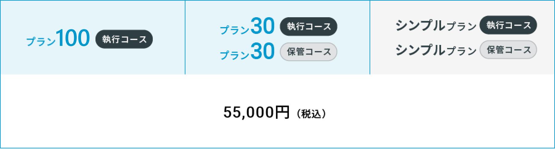 プラン100 執行コース プラン30 執行コース プラン30 保管コース シンプルプラン 執行コース シンプルプラン 保管コース 55,000円(税込)